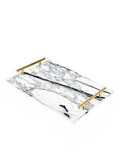 Buy Decorative Acrylic Serving Tray with Gold Color Metal Handles Marble Pattern 24x34cm in Saudi Arabia