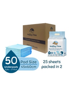 اشتري Nappy Time Disposable Changing Mats, Nappy Pad, Baby Diaper Mat, Leak-proof, High Absorbency, 100% Water-proof Size 45x60 - 25 sheets packed in 2 (50 sheets) في الامارات