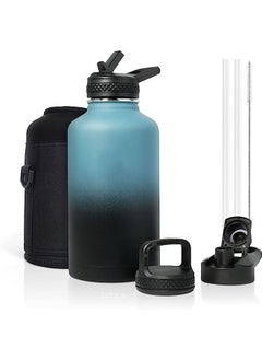 اشتري Water Bottles 64 oz, Insulated Water Bottle with Straw, Double Walled Vacuum Stainless Steel Water Bottle , Leak Proof Large Water Bottle with 3 Lids & Brush, Sport Water Bottle For Gym Camping في السعودية