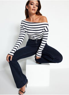 Buy Navy Blue Striped Premium Soft Fabric Fitted Boat Neck Knitted Blouse TWOAW24BZ00227 in Egypt