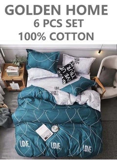 Buy 6-Piece Single Size Cotton Printed Combination Duvet Cover Set Includes 1xFitted Bedsheet 120x200+30cm, 1xDuvet/Bed Cover 160x210 cm, 2xPillowcase 55x80cm, 2xCushion Case 45x70cm Multicolour in UAE