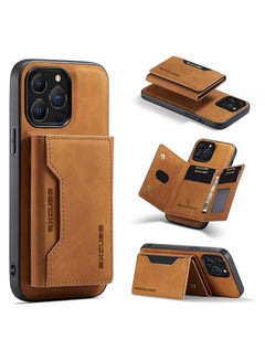 Buy Premium Leather iPhone 14 Pro Wallet Case Back Cover Magnetic Detachable with Trifold Wallet Card Holder Pocket for iPhone 14 Pro Brown in UAE