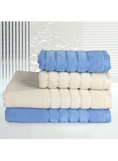 Buy 4 Piece Bathroom Towel Set SALERINO 525 GSM 100% Cotton Terry 2 Bath Towel 70X140 cm & 2 Hand Towel 50x90 cm Blue & Cream Color Soft Feel Super Absorbent in UAE