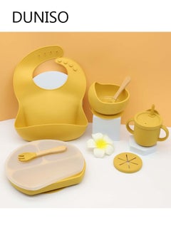 Buy Silicone Baby Feeding Set in Pumpkin Style - Includes Non-BPA Suction Plate with Divider, Suction Bowl, Pocket Bib, Cup Lid, Spoon, Fork, Plate Lid and Sippy Cup in UAE