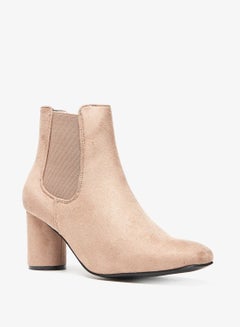 Buy Solid Slip On Ankle Boots with Block Heels and Elastic Detail Beige in Saudi Arabia