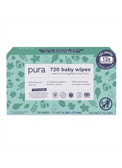 Buy Baby Wipes 12 x 60 Wipes (720 Wipes), 100% Plastic-Free & Plant Based Wipes, 99% Water, Suitable for Sensitive & Eczema-prone Skin, Fragrance Free & Hypoallergenic, EWG, Cruelty Free in UAE