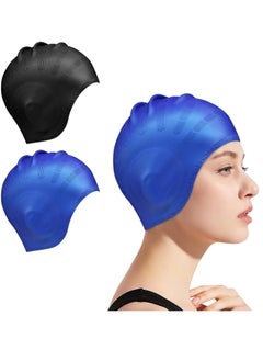 Buy 2PCS Silicone Swimming Cap with Ear Protection 3D Ergonomic Design,   Protecting Ears and Hair from Chlorine, Bacteria, Sand in the Water Odorless and Skin Friendl, (Blue+Black) in Saudi Arabia