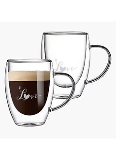 Buy Zen 2-Piece Love Printed Heart Shaped Double Wall Glass Mug Set With Handle 350 Ml in UAE