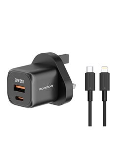 اشتري شاحن حائط سريع PD 20 وات بمنفذين في المملكة المتحدة مع كابل USB-C إلى Lightning / QC 18 وات / خرج طاقة 20 وات / حماية من الحرارة الزائدة / توافق عالمي - أسود في الامارات