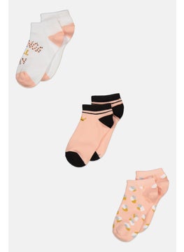 اشتري Kids Girl 3 Pair Printed Ankle Socks, Peach/Black Combo في الامارات