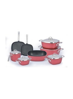 Buy Powerline titanium cookware set from Savlon, consisting of 13 pieces with square stainless steel handles in red color (4 pots sizes 18/20/24/28, frying pan 24 cm, oven pan size 28 cm, milk pan 16 cm, in Egypt
