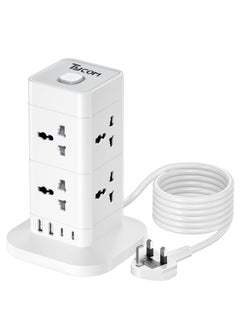 اشتري Power Cord Strip Surge Protector with USB and Type C Extension Cord Flat Plug with 8 AC Outlet and 2 USB 1 Type C Small Desktop Station Compact Socket 2 Tiers Grey and White. في الامارات