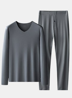 Buy Mens Solid Color Thin Seamless Long Johns And V-Neck Thermal Underwear Set 2 Piece Base Layer Set for Men Dark Grey in UAE