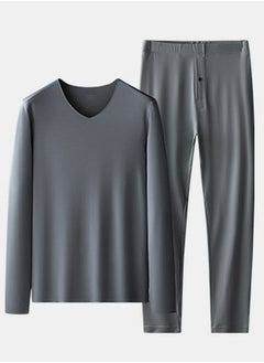 اشتري Mens Solid Color Thin Seamless Long Johns And V-Neck Thermal Underwear Set 2 Piece Base Layer Set for Men Dark Grey في السعودية