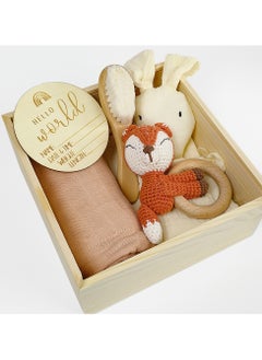 Buy Ultimate Newborn Gift Set - Handcrafted Crochet Fox, Soft Muslin Swaddle, Wooden Teether, and Natural Baby Brush - Personalized "Hello World" Birth Announcement - Ideal for Newborns and Baby Showers in UAE