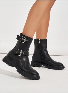 Buy Side Buckle Accent Biker Ankle Boots in Saudi Arabia