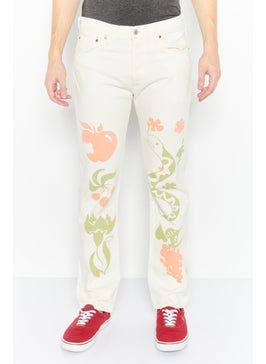 Buy Men Regular Fit Graphic Print  Non Stretchable Jeans, Off White in UAE