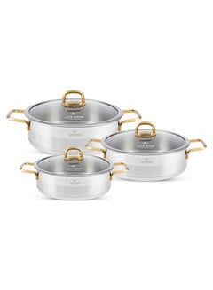 Buy 6-Piece President Series Premium 18/10 Stainless Steel Shallow Cooking Pot Set - Induction 3-Ply Thick Base Casserroles 24/28/32cm with Glass Lid for Even Heating Oven Safe Silver in UAE