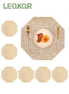 اشتري 6 PCS Octagonal PVC Place Mat Vinyl Heat Insulation Washable Gold Table Mats Hollow Out Placemats في السعودية