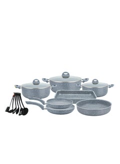 Buy 16-Piece Granite Pots and Pans Cookware Set with Nonstick Surfaces and Tempered Glass Lids Dishwasher Safe PFOA Free Marble Coated Stock Pot Nonstick Grill Pan Cake Dish Kitchen Tool Silicone Grip in Saudi Arabia