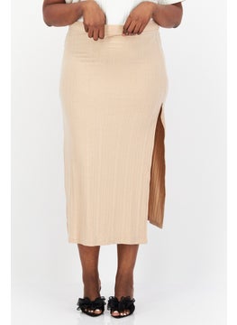 Buy Women Slit Ribbed Midi Skirt, Beige in UAE