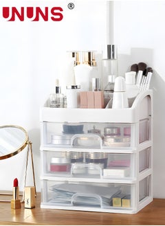 اشتري Desk Organizer With 3 Drawers, Daily Supplies Boxes with Brush Holder,Small Items Display Cases, Multifunctional Storage Box For Bathroom Bedroom Desktops-White في السعودية