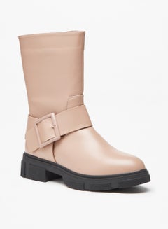 Buy Women Buckle Detail Boots with Block Heels and Zip Closure in UAE