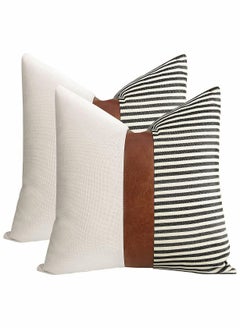 Buy Modern Geometric Decorative Throw Pillow Covers Home Cushion Covers Set of 2 Farmhouse Decor Stripe Patchwork Linen Throw Pillow Covers, Tan Faux Leather Accent Pillow Covers 18x18 inch in Saudi Arabia