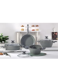 اشتري 7-Piece Farah Cookware Set - Tempered Glass Lids - 2 Deep Pots - 1 Low Pot - 1 Frypan - Non-Stick Ceramic Surface - PFOA Free - Grey في الامارات