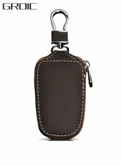 اشتري Genuine Leather Car Key Holder Bag Key Case Wallet Zipper Closure Holder Metal Hook Auto Key Fob Holder Smart Protector General Cover(Brown) في السعودية