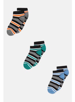 Buy Kids Boy 3 Pairs Stripe Ankle Socks, Black Combo in UAE