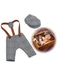 Buy Newborn Photography Props Stripes Cool Boy Retro Plaid Suspenders Flat Bottom Cab Cap Photography Props Duck Tongue Hat Suit Boys Clothing Dark Gray in Saudi Arabia