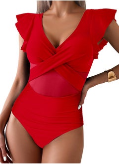 Buy Women's Solid Color One Piece Swimsuit Ruffled Sleeves V-Neck Bathing Suits Red in Saudi Arabia