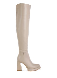 Buy Faux Leather Knee-High Boots in Beige in UAE