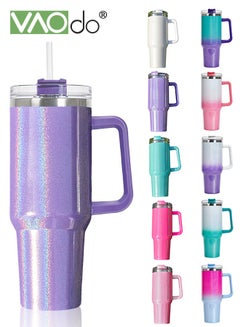 Buy 40 oz Tumbler with Handle and Straw Lid Reusable Stainless Steel Water Bottle Travel Mug Cupholder Friendly Insulated Cup Holiday Gifts for Women Men Him Her Purple 1100ML in UAE