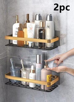Buy 2-Pieces Bathroom Shelf Shower Shampoo Soap Organizer Wall Mounts Storage Rack Aluminum Black/Gold 30.5x13x5.5 cm in UAE