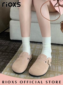Buy Unisex Suede closed toe Clogs Leather Mules Cork Sandals Classic Anti Slip Sole Slippers with Arch Support and Adjustable Buckle in Saudi Arabia