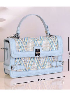 Buy Baby Blue women handbag with Woven Bohemian pattern with adjustable Leather strap in Egypt