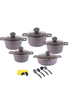 Buy 17-Pieces Granite Coated Cookware Set Includes 20, 24, 28, 32cm Casserole Pot with Lid, 32cm Shallow Casserole Pot and 7 Pieces Cooking Accessories in UAE