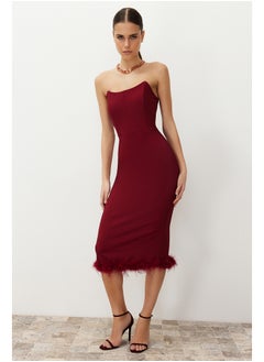 Buy Burgundy Body-fitting Woven Corset Detail Otricated Elegant Evening Dress TPRAW24EL00182 in Egypt