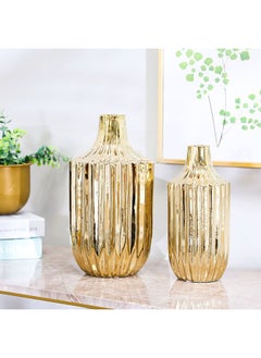 Buy Liana Modern Home Decor  Set of 2 Vase  Decorative Vase Stoneware Pot Aesthetic Modern Luxurious Design Studio Home & Room Decor 11.7X11.7X25.5 17X17X31Cm Gold in UAE