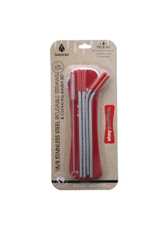 Buy 6-Piece Stainless Steel Reusable Straw and Cleaning Brush Set Red and Silver 21.5 cm AC30416 in Saudi Arabia