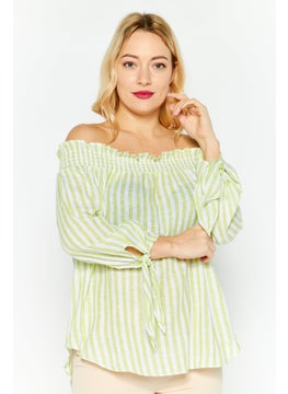 اشتري Women Off Shoulder Long Sleeves Stripe Blouse, Green/White في الامارات