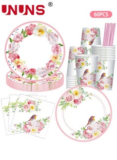 Buy 90PCS Vintage Floral Party Supplies,Includes Floral Paper Plates Cups Napkins Straw,For Bridal Shower Wedding Flower Birthday Decorations Garden Tea Party in UAE