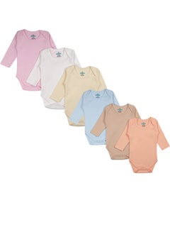 Buy BabiesBasic 100% Super Combed Cotton, Long Sleeves Romper/Bodysuit, for New Born to 24months. Set of 6 - Blue, Orange, Brown, Pink, Lemon, White in UAE