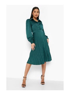 Buy Satin Button Through Pleated Skirt Midi Dress in UAE