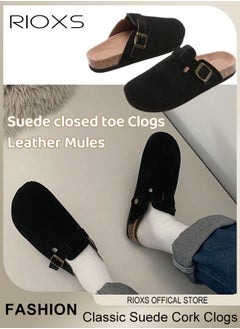 Buy Unisex Suede Closed Toe Clogs Leather Mules Cork Sandals Classic Anti-Slip Sole Slippers With Arch Support And Adjustable Buckle in UAE