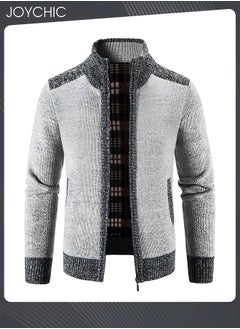 اشتري Autumn And Winter Men  Cardigan Coat Warm Sweater Jacket Long Sleeve Block Stand Collar Wool Men Zipper Knitted Thick Coat Light Grey في الامارات