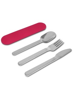 Buy Set of 4 Stainless Steel Travel Cutlery Set with Silicone Case, Raspberry in UAE