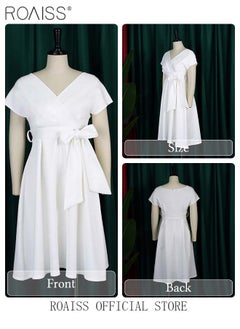 اشتري New Arrival Large Size Dress for Women Bow-Knot Pure Color Dress OL Style Party Dress Ladies Short Sleeve V Neck Summer Clothing في السعودية